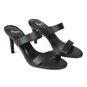 Wolf Round Toe Double Strap Stiletto High Heel Mule Sandals in Black