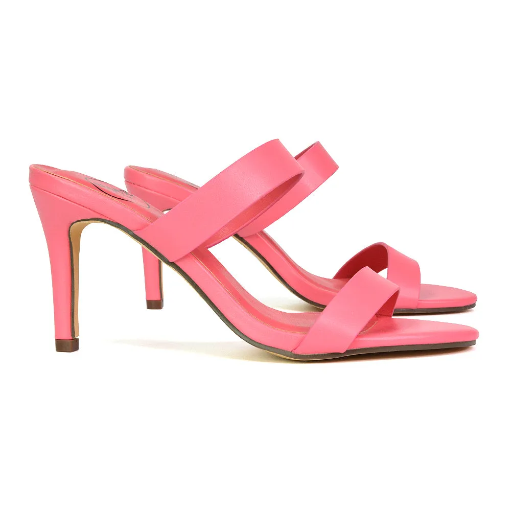 Wolf Round Toe Double Strap Stiletto High Heel Mule Sandals in Black
