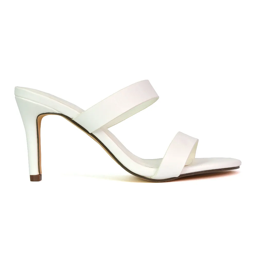 Wolf Round Toe Double Strap Stiletto High Heel Mule Sandals in Black