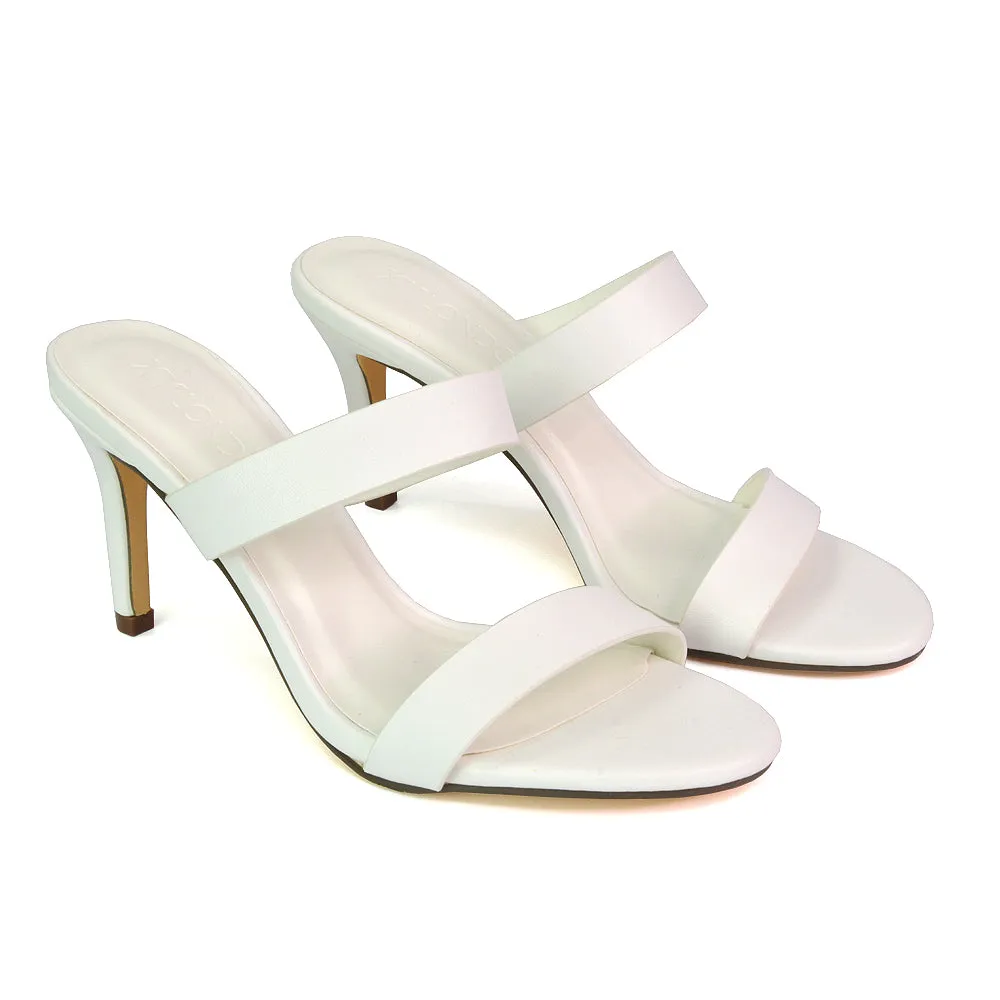 Wolf Round Toe Double Strap Stiletto High Heel Mule Sandals in Black