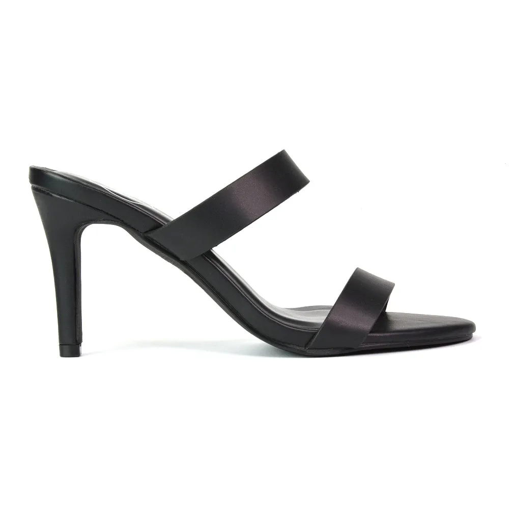 Wolf Round Toe Double Strap Stiletto High Heel Mule Sandals in Black