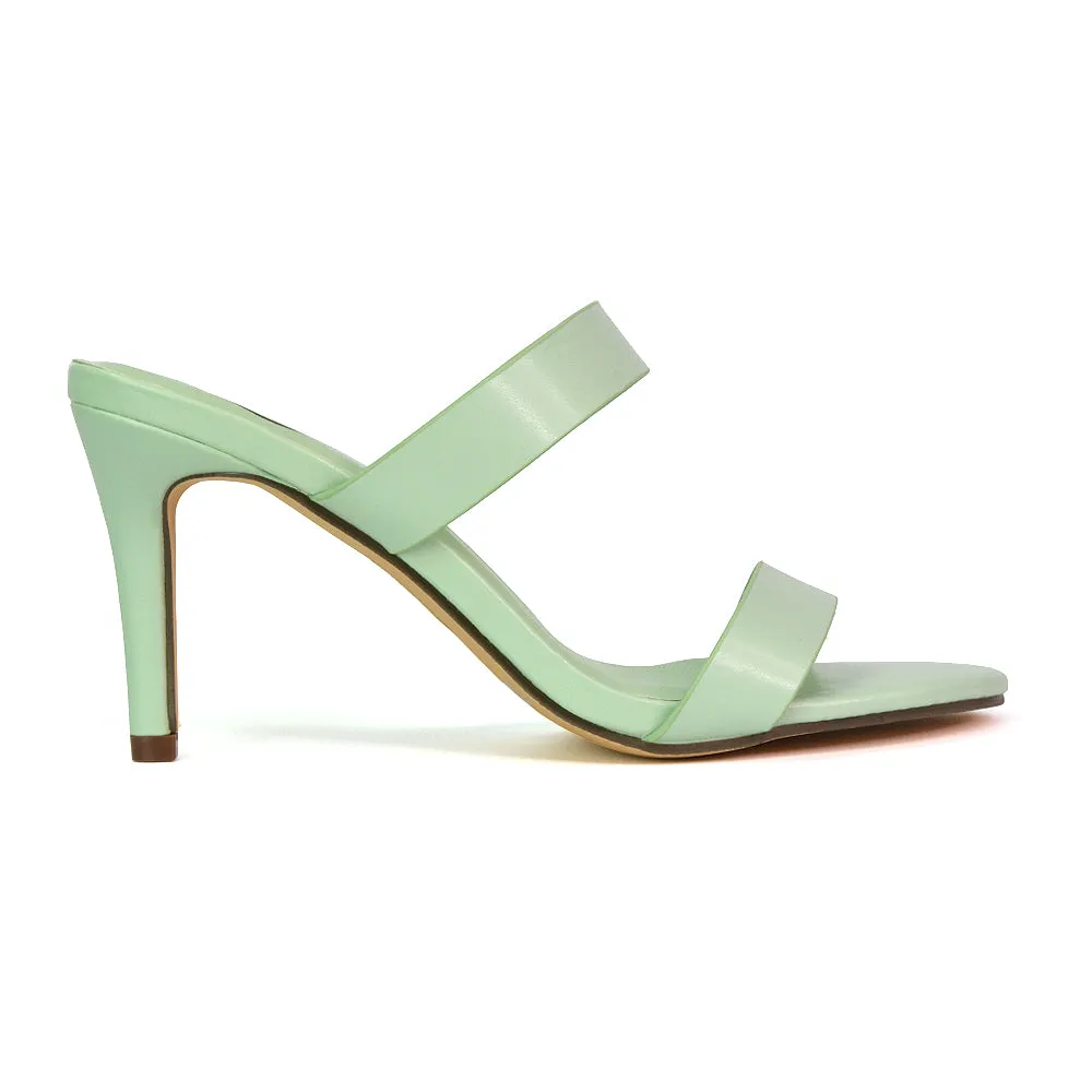 Wolf Round Toe Double Strap Stiletto High Heel Mule Sandals in Black