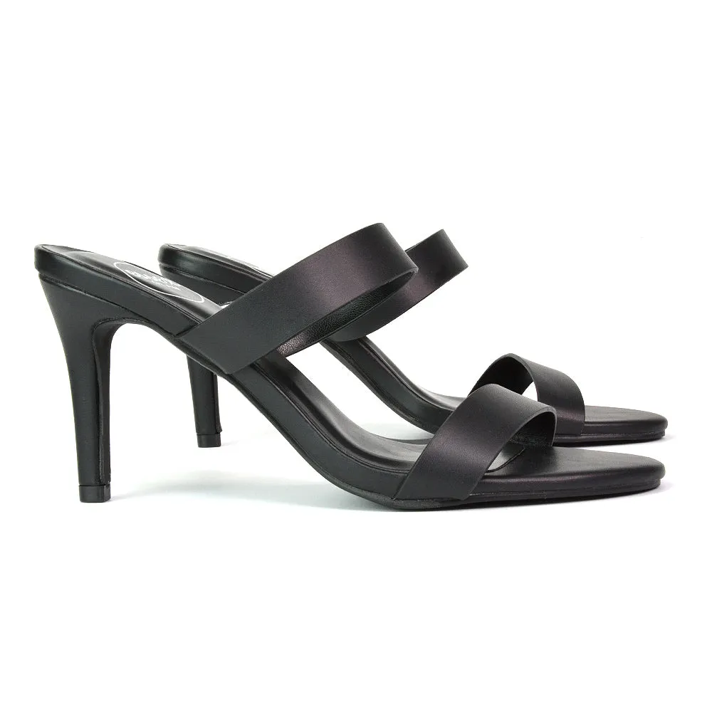 Wolf Round Toe Double Strap Stiletto High Heel Mule Sandals in Black