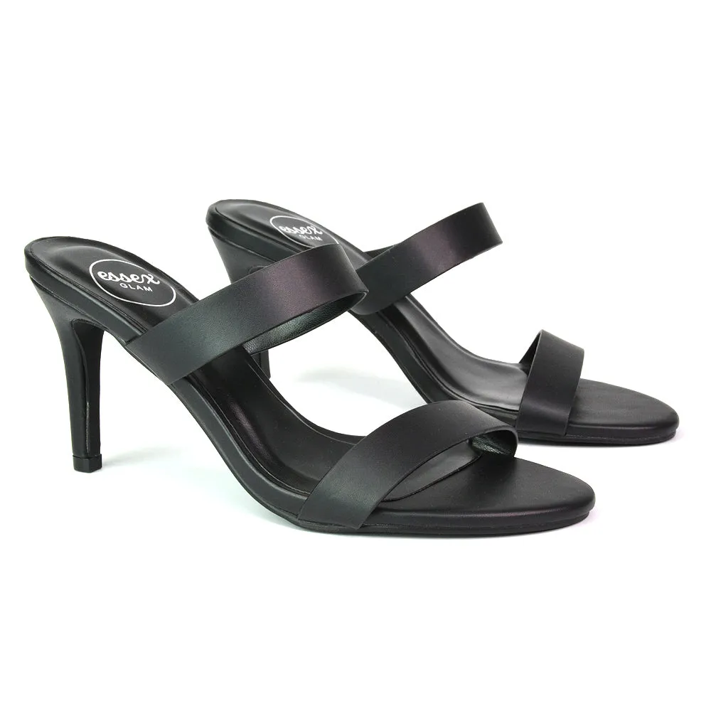 Wolf Round Toe Double Strap Stiletto High Heel Mule Sandals in Black
