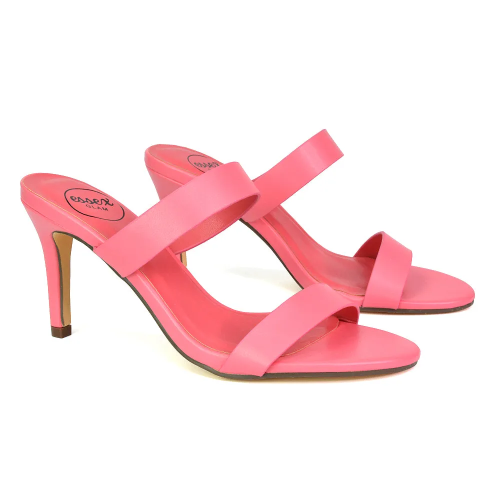 Wolf Round Toe Double Strap Stiletto High Heel Mule Sandals in Black