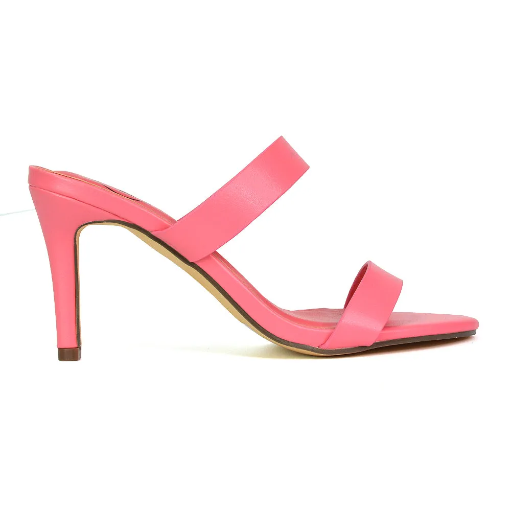 Wolf Round Toe Double Strap Stiletto High Heel Mule Sandals in Black