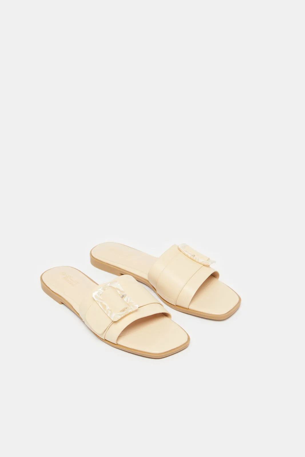 Women Beige Buckle Mule