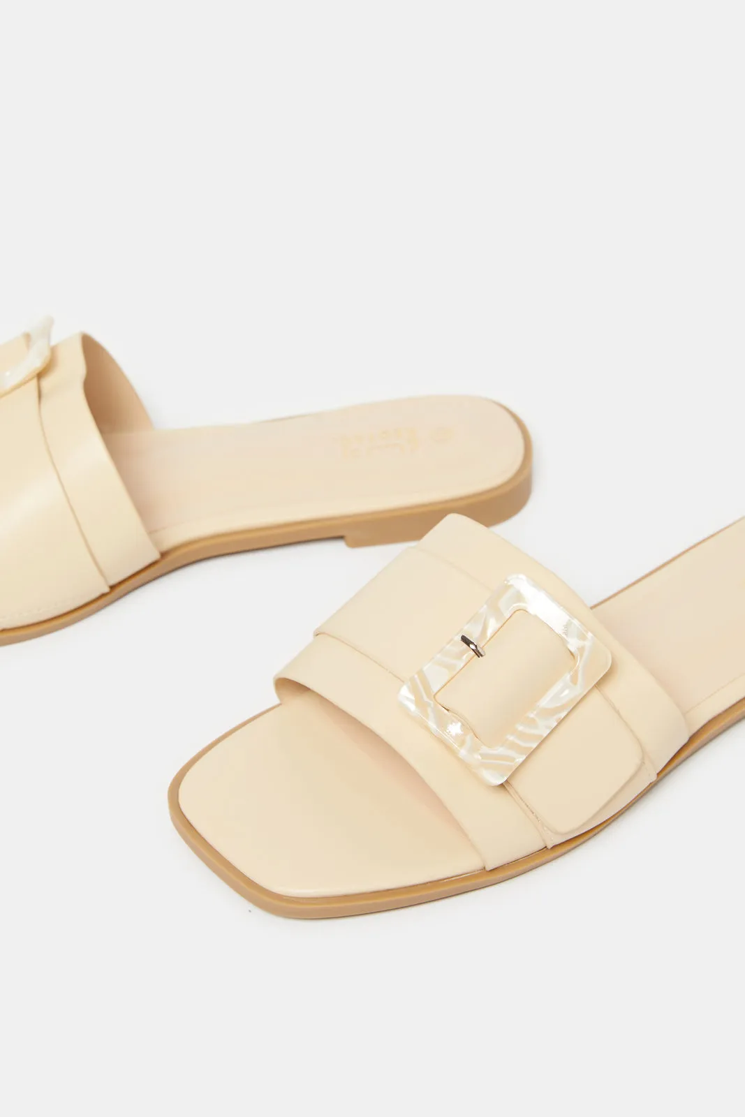 Women Beige Buckle Mule