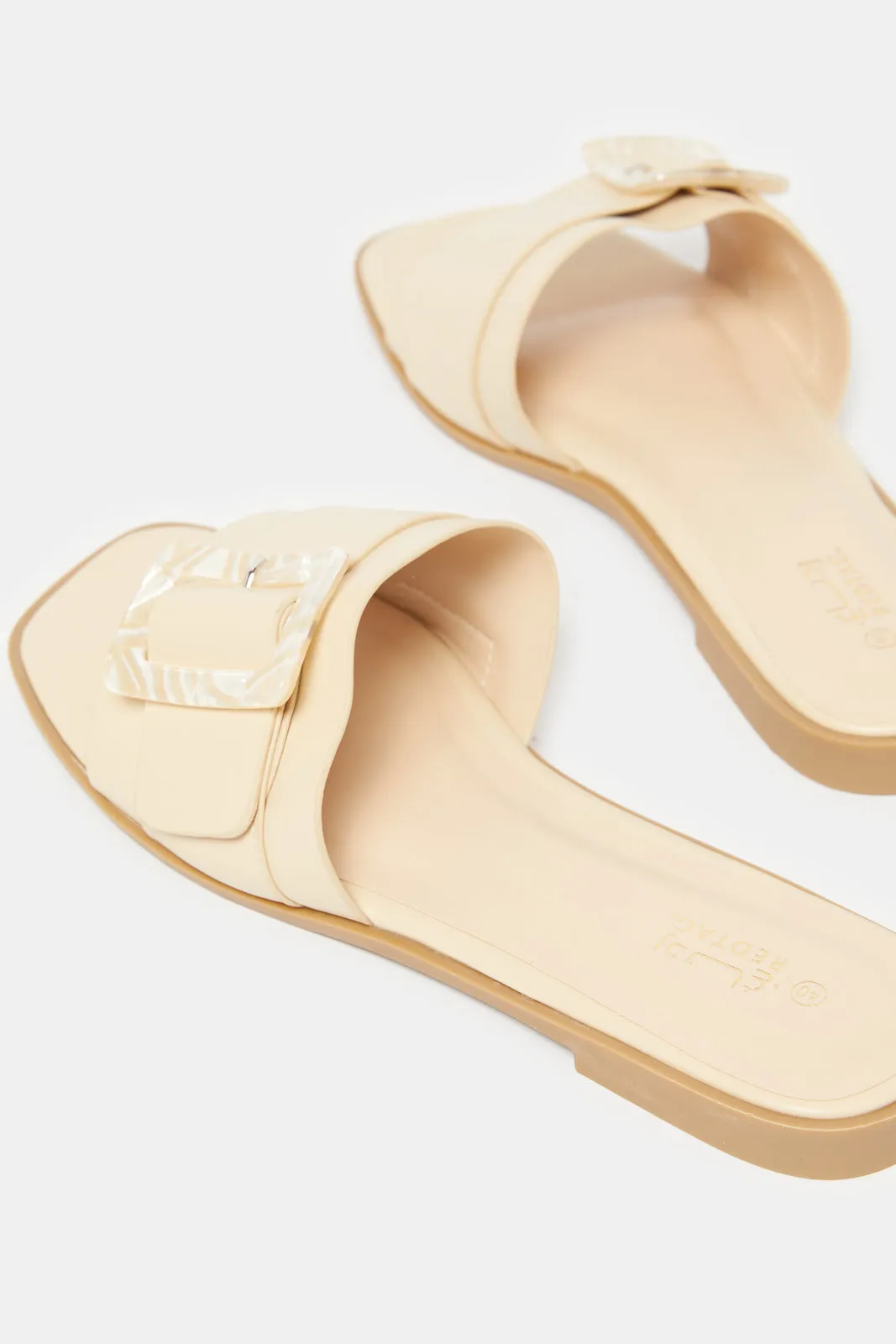 Women Beige Buckle Mule