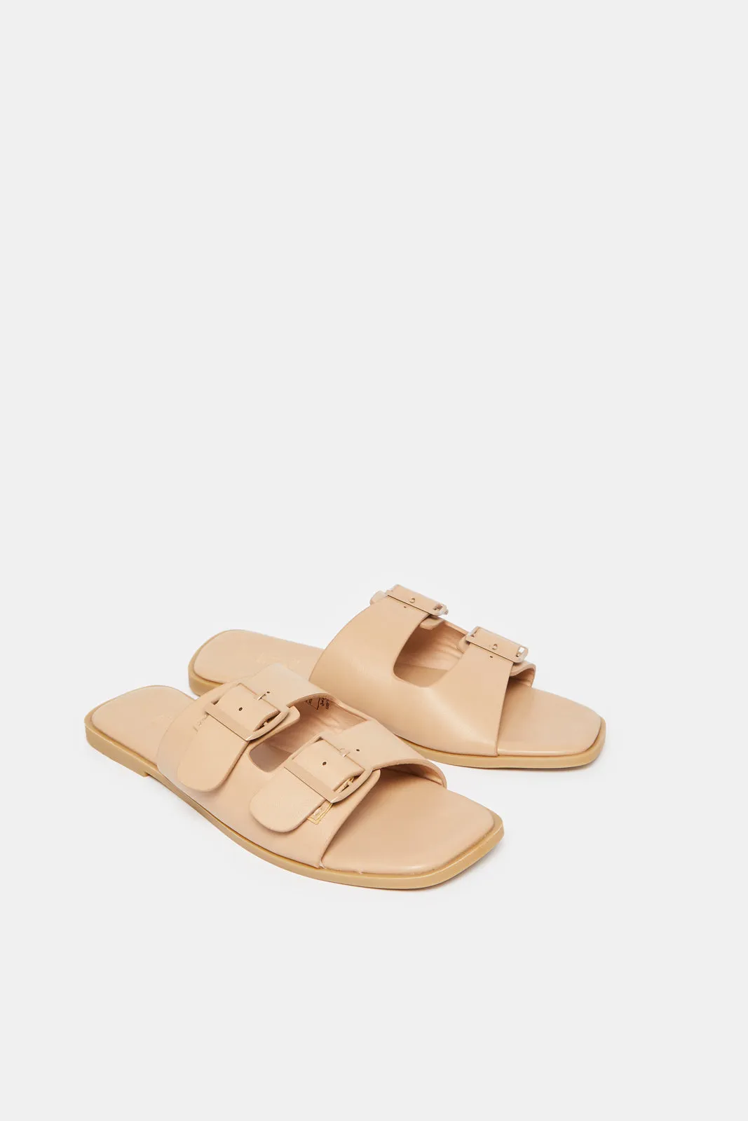 Women Beige Buckle Trim Mule