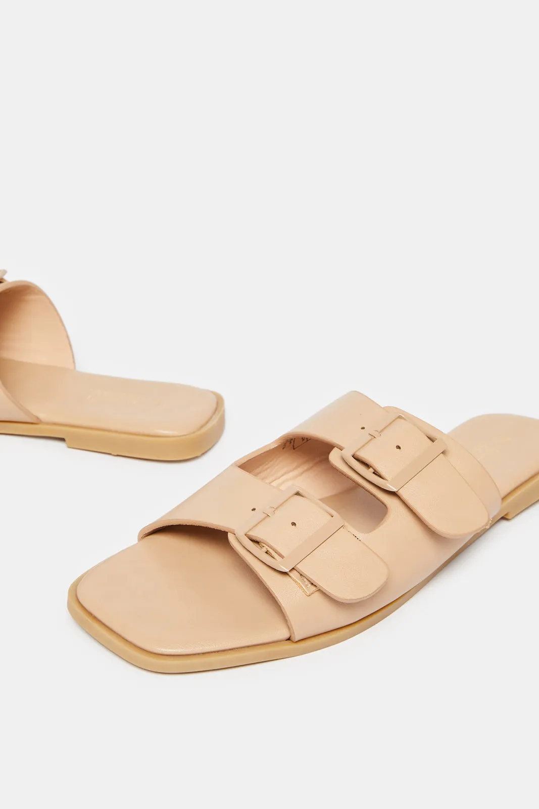 Women Beige Buckle Trim Mule