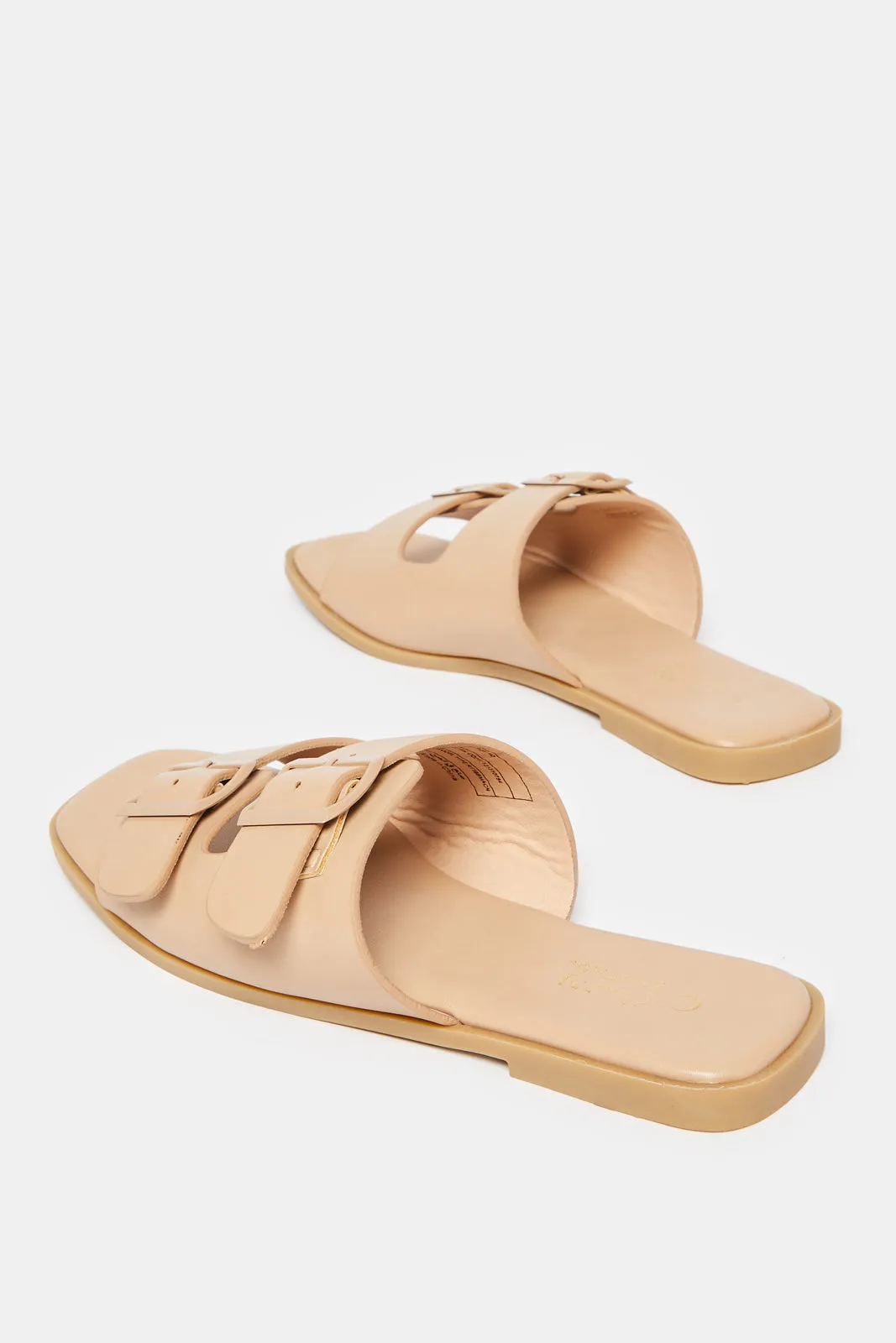 Women Beige Buckle Trim Mule