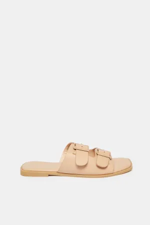 Women Beige Buckle Trim Mule