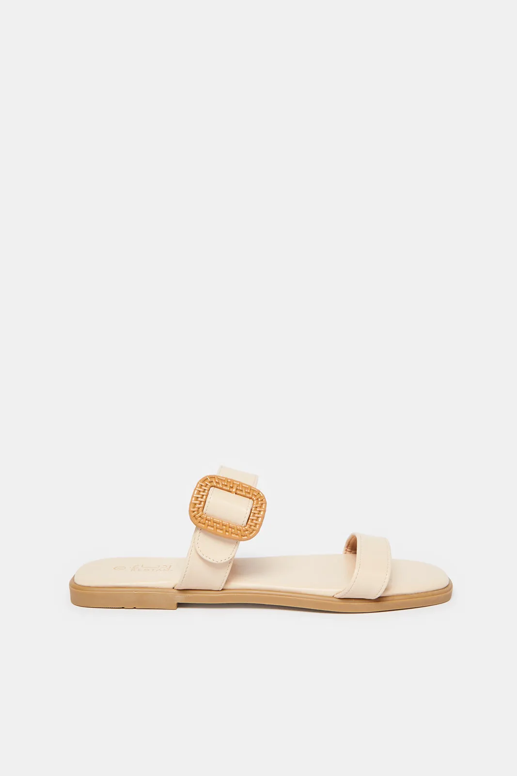 Women Beige Strappy With Buckle Trim Mule