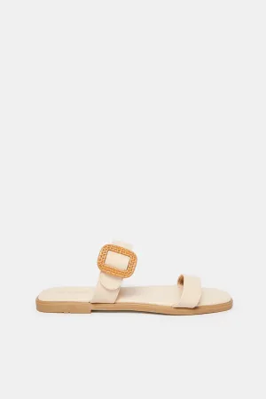 Women Beige Strappy With Buckle Trim Mule