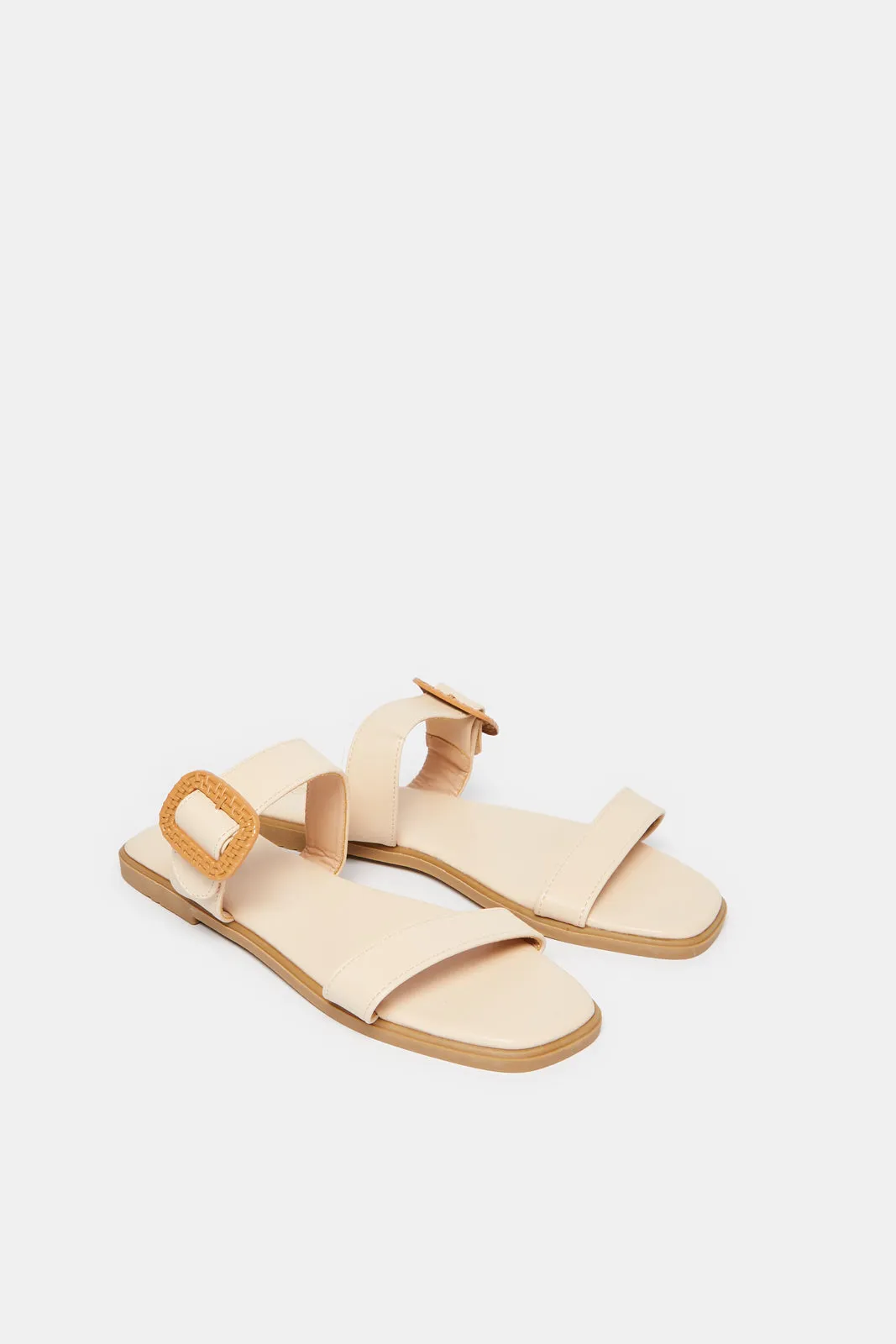 Women Beige Strappy With Buckle Trim Mule