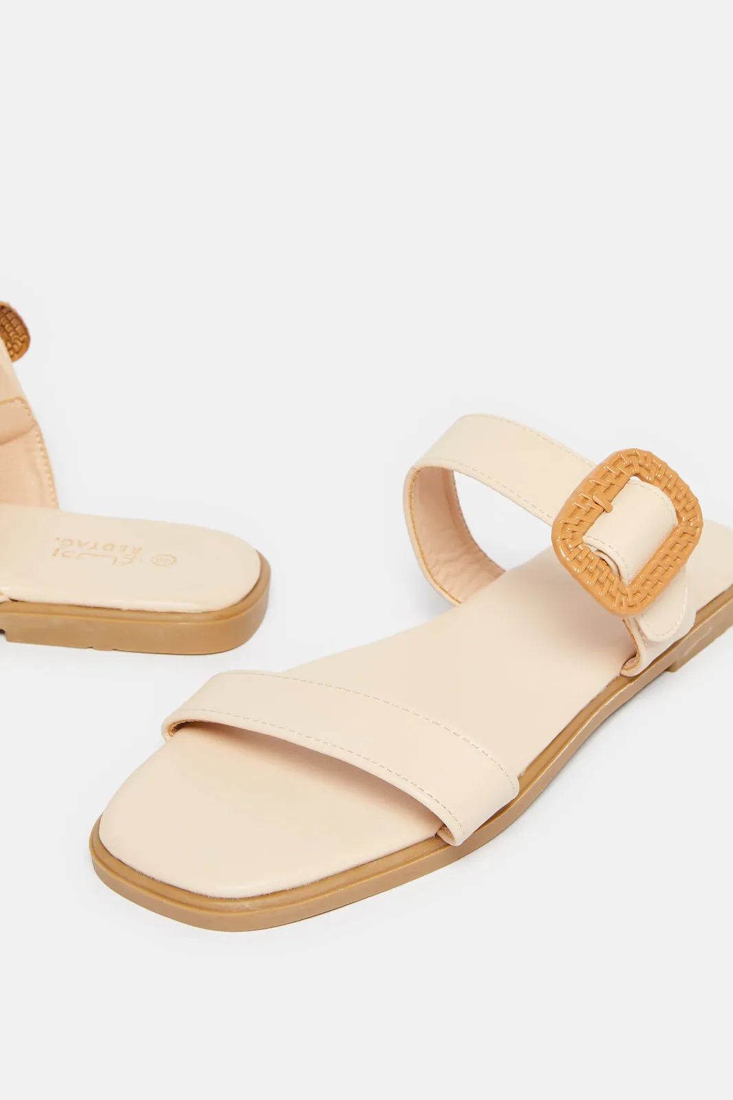 Women Beige Strappy With Buckle Trim Mule
