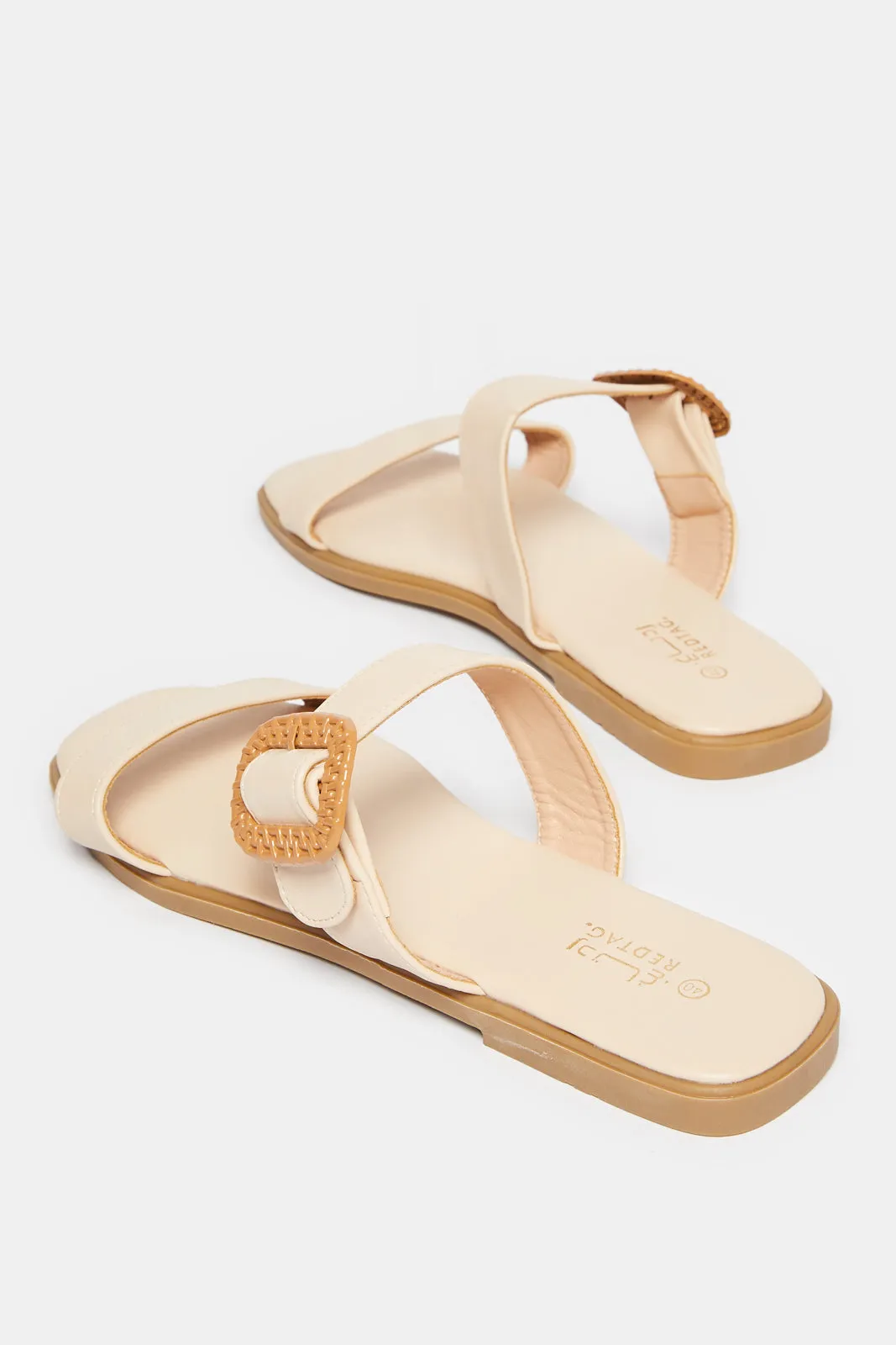 Women Beige Strappy With Buckle Trim Mule