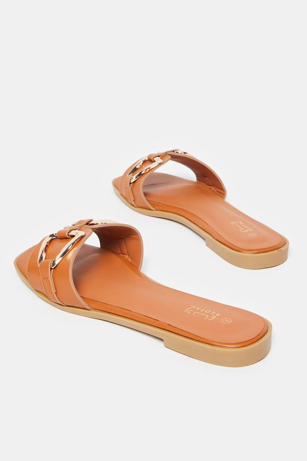 Women Brown Buckle Trim Mule