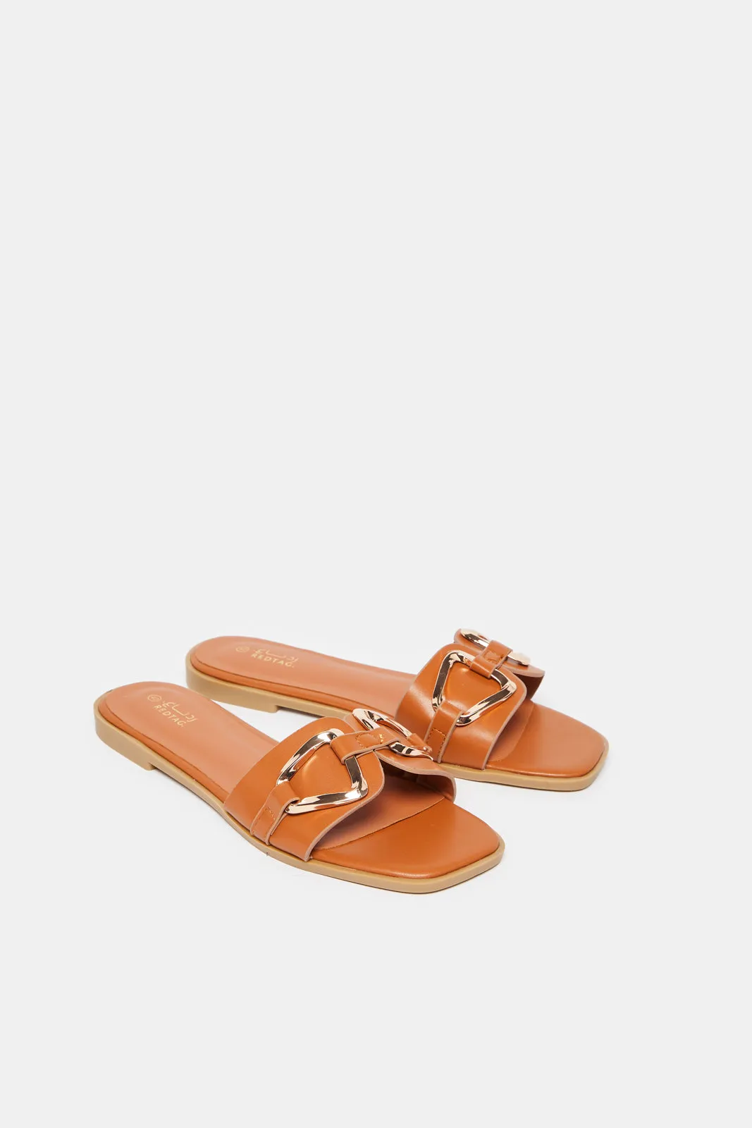 Women Brown Buckle Trim Mule