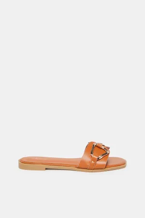 Women Brown Buckle Trim Mule