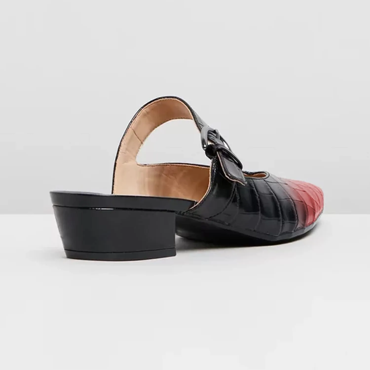 Women Fashion Croc-textured Sandals, Sexy Pointed Toe Slingback Pumps, Low Chunky Heel Strappy Mule Sandals, Trendy Mixed Black-Red Backless Slippers for Casual or Dress up, Full Size 4-16 M US