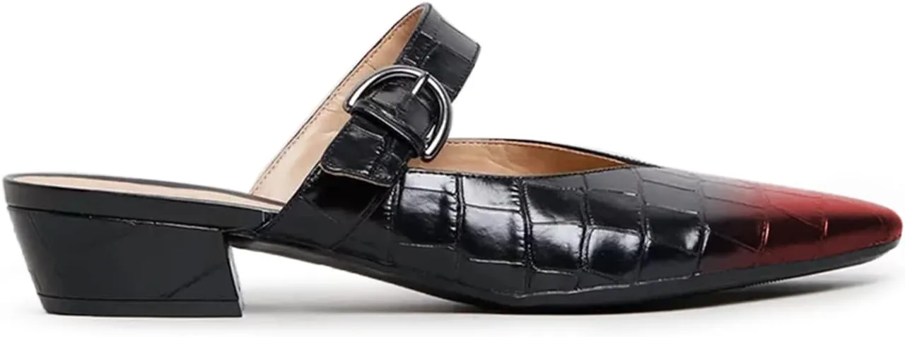 Women Fashion Croc-textured Sandals, Sexy Pointed Toe Slingback Pumps, Low Chunky Heel Strappy Mule Sandals, Trendy Mixed Black-Red Backless Slippers for Casual or Dress up, Full Size 4-16 M US