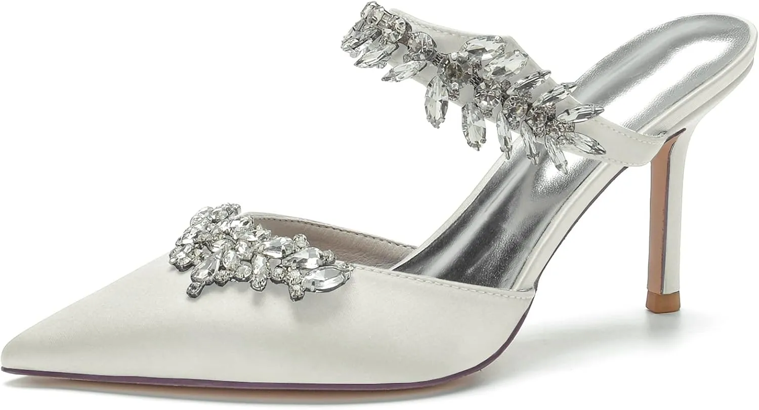 Women Heeled Mules Rhinestone Strappy Pointed Toe Mules Stiletto High Heels Wedding Bridal Dress Sandals for Women