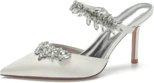 Women Heeled Mules Rhinestone Strappy Pointed Toe Mules Stiletto High Heels Wedding Bridal Dress Sandals for Women
