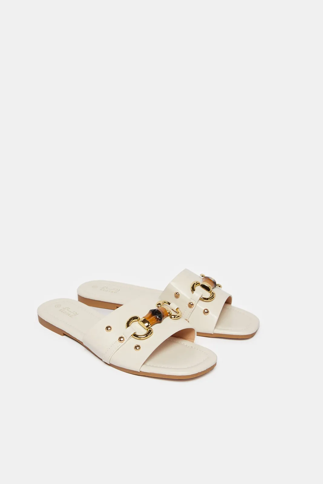 Women White Mule With Buckle Trim