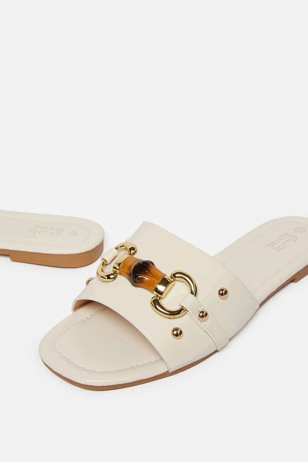 Women White Mule With Buckle Trim