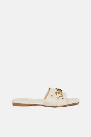 Women White Mule With Buckle Trim