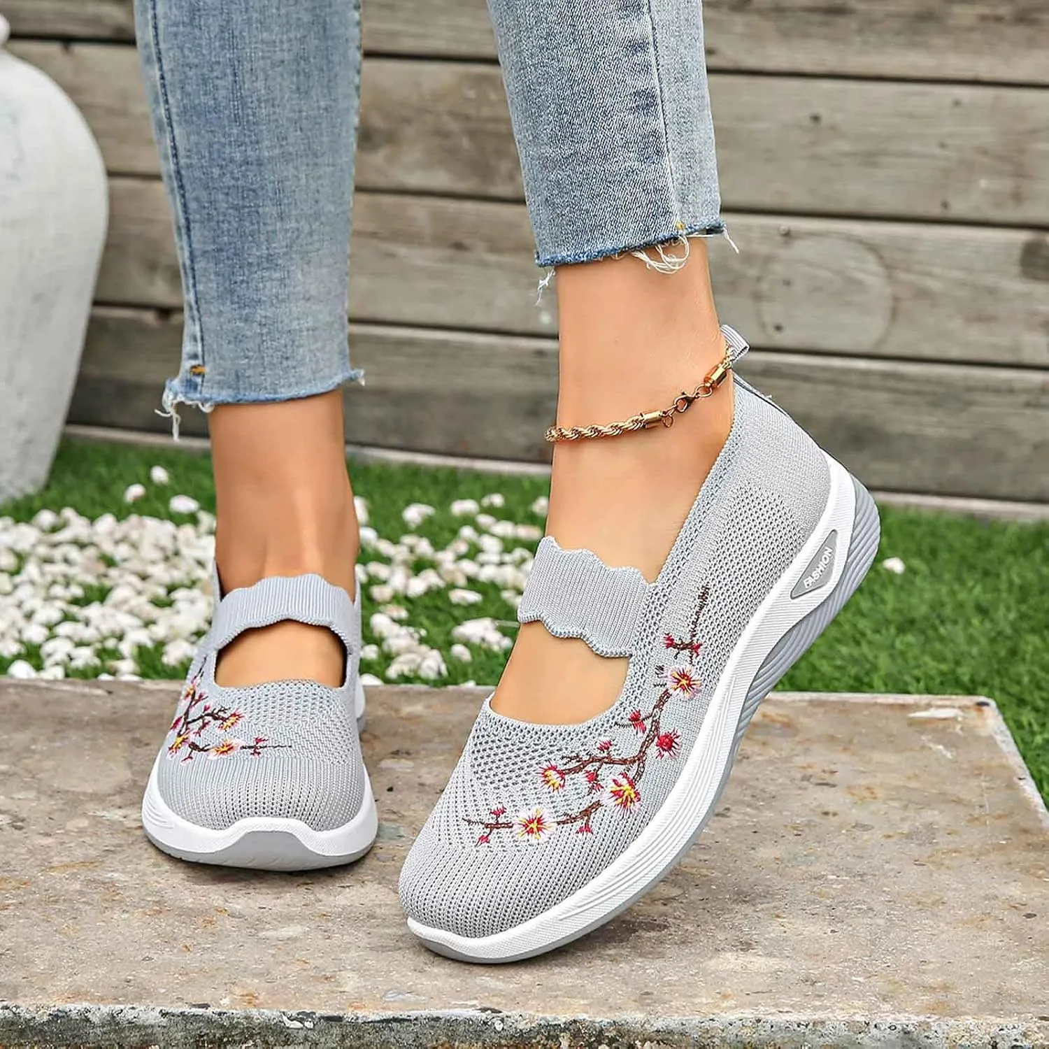 Women Woven Loafers Orthopedic Breathable Soft Shoes Slip On Walking Foam Anti Slip Arch Support Embroidery Sneakers