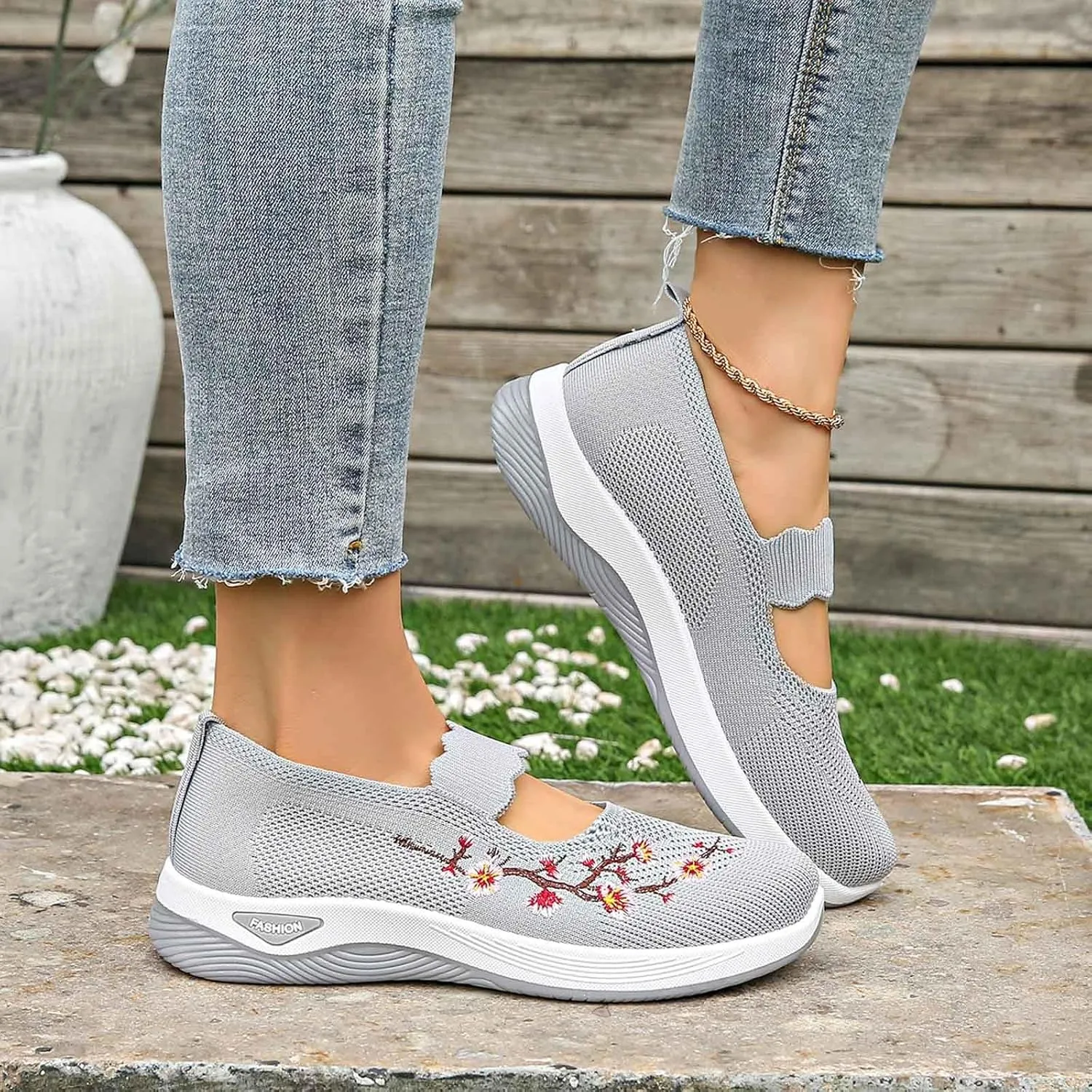 Women Woven Loafers Orthopedic Breathable Soft Shoes Slip On Walking Foam Anti Slip Arch Support Embroidery Sneakers