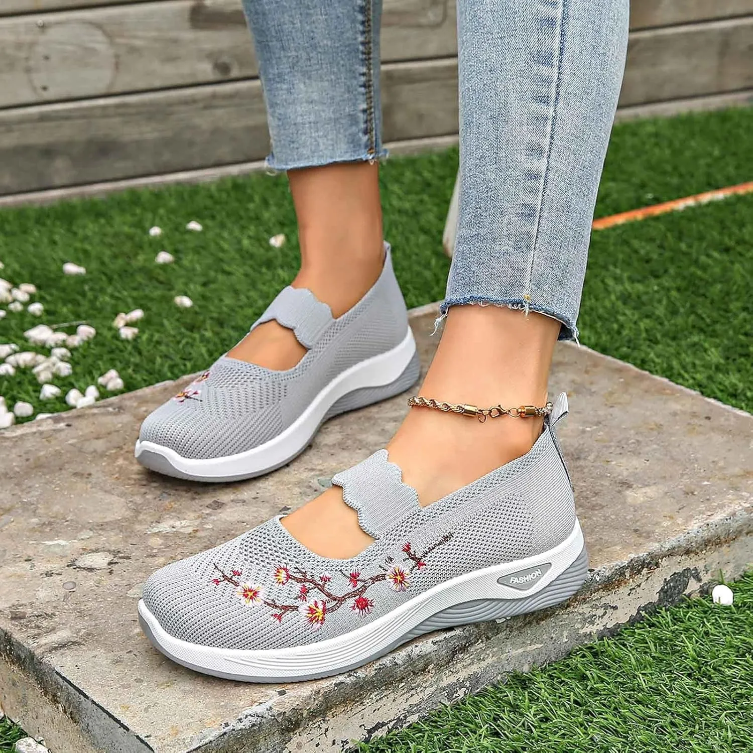 Women Woven Loafers Orthopedic Breathable Soft Shoes Slip On Walking Foam Anti Slip Arch Support Embroidery Sneakers