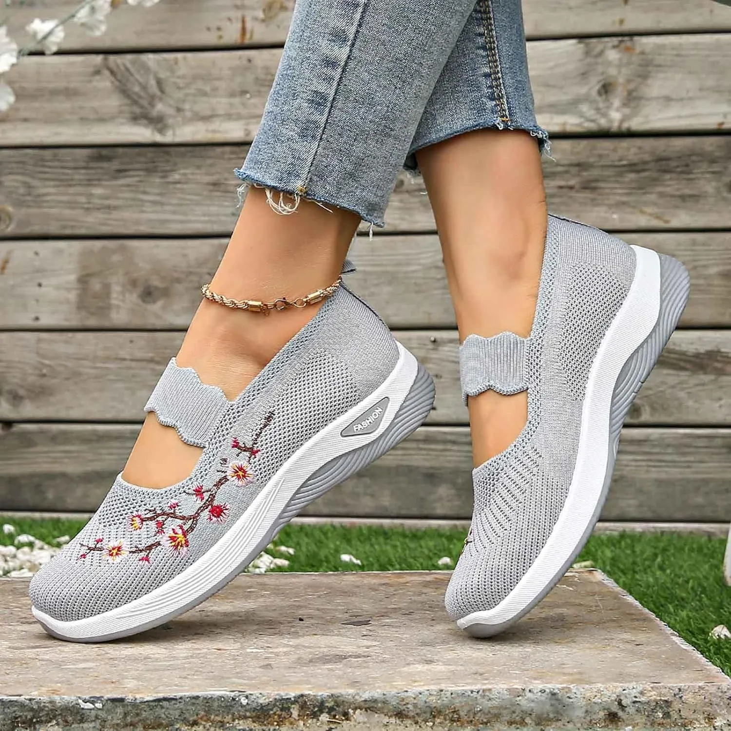 Women Woven Loafers Orthopedic Breathable Soft Shoes Slip On Walking Foam Anti Slip Arch Support Embroidery Sneakers