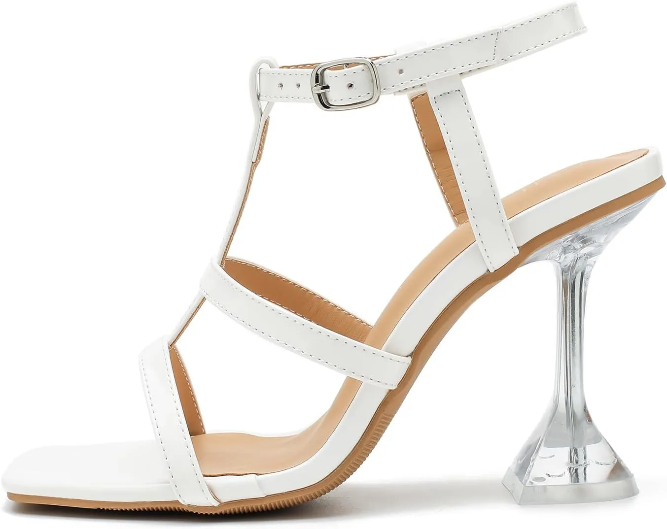 Women's Clear High Heeled Sandals Sexy Kitten Heels Square Toe Ankle Strap Wedding Dress Party Shoes