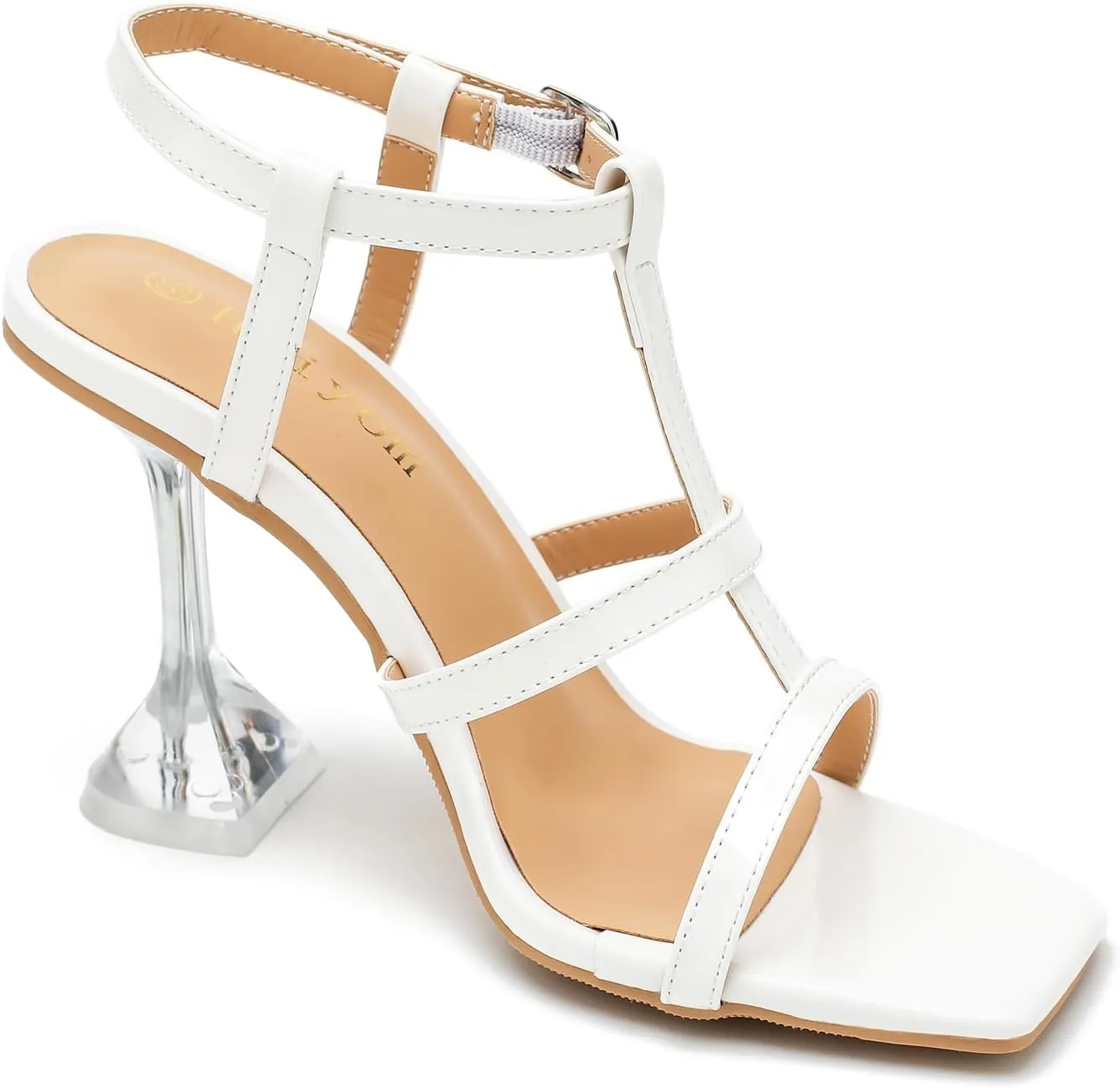 Women's Clear High Heeled Sandals Sexy Kitten Heels Square Toe Ankle Strap Wedding Dress Party Shoes