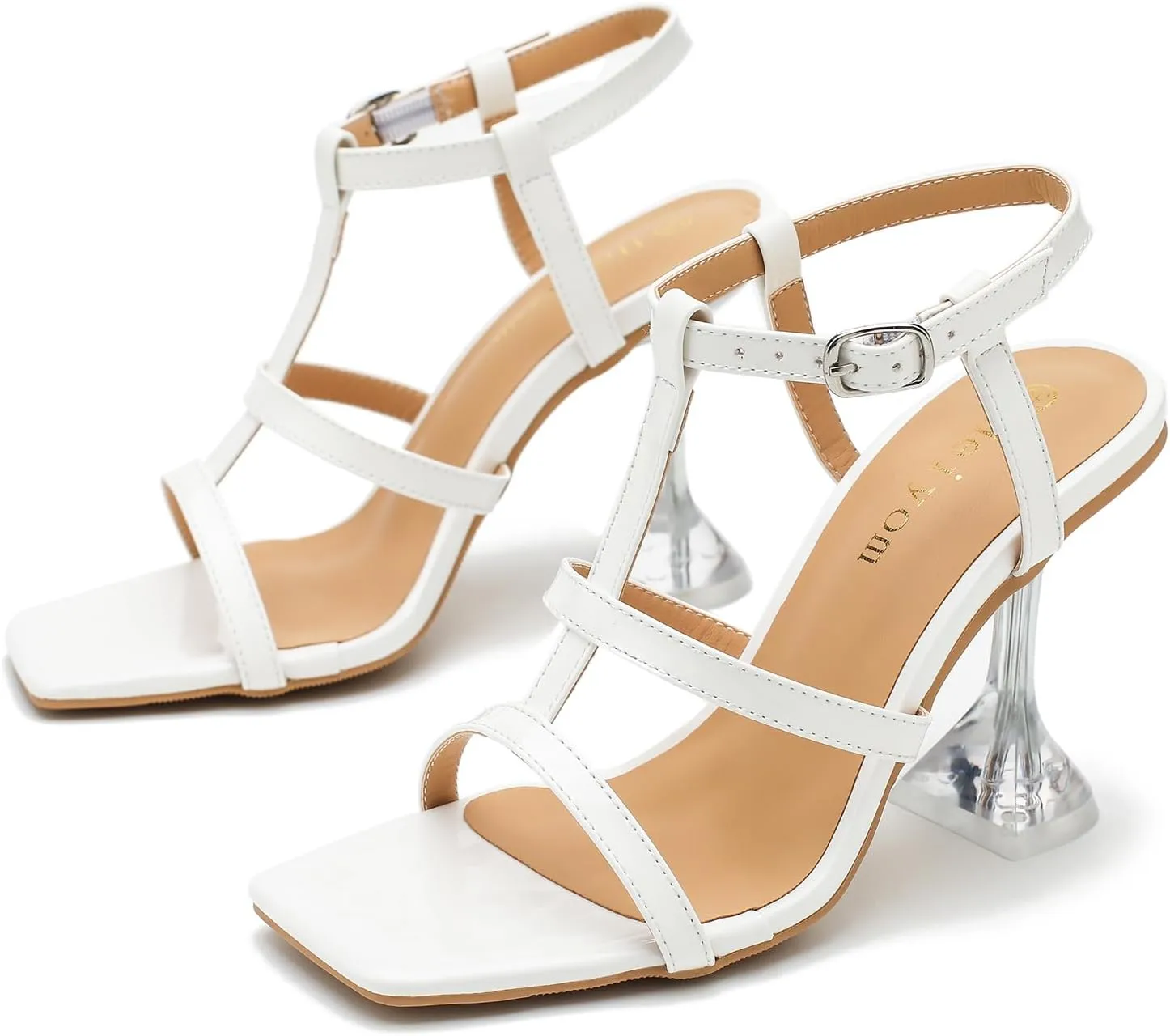 Women's Clear High Heeled Sandals Sexy Kitten Heels Square Toe Ankle Strap Wedding Dress Party Shoes