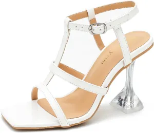 Women's Clear High Heeled Sandals Sexy Kitten Heels Square Toe Ankle Strap Wedding Dress Party Shoes