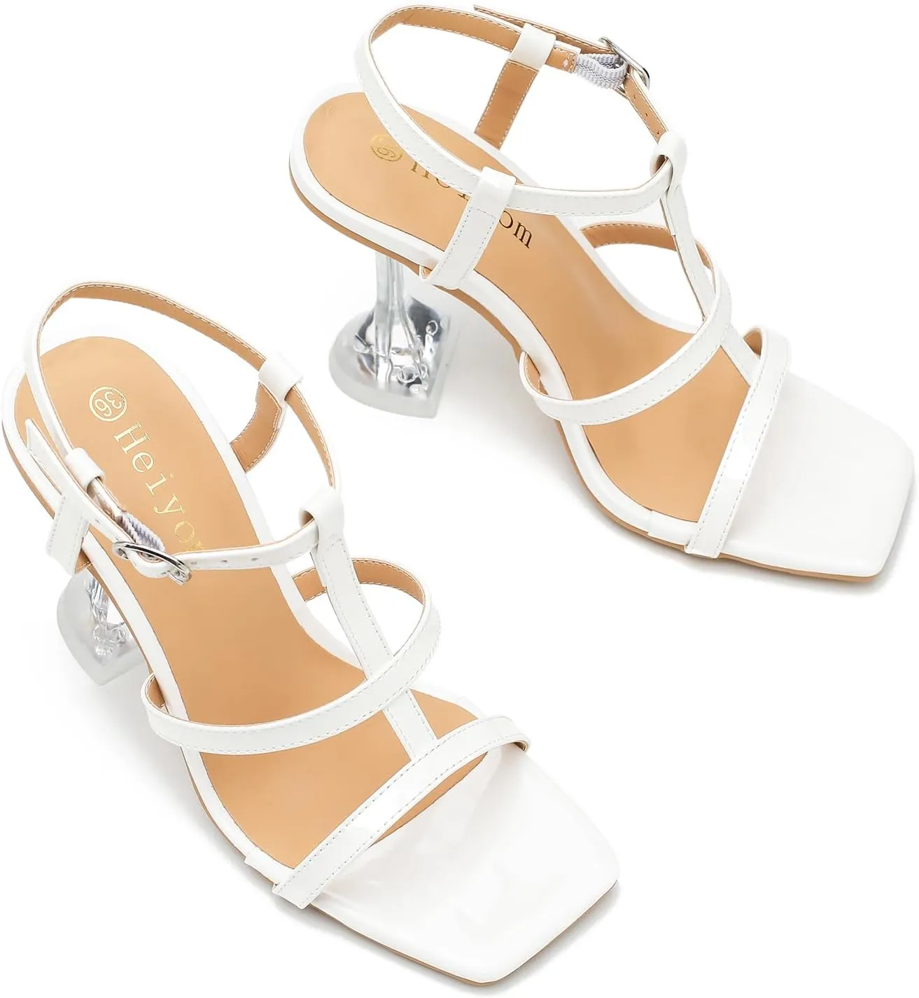 Women's Clear High Heeled Sandals Sexy Kitten Heels Square Toe Ankle Strap Wedding Dress Party Shoes