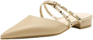 Women's Leather Studded Closed Pointed Toe Flat Mules Fashion Strappy Comfortable Block Heel Sandals for Party Prom Date Office Dressy Slides