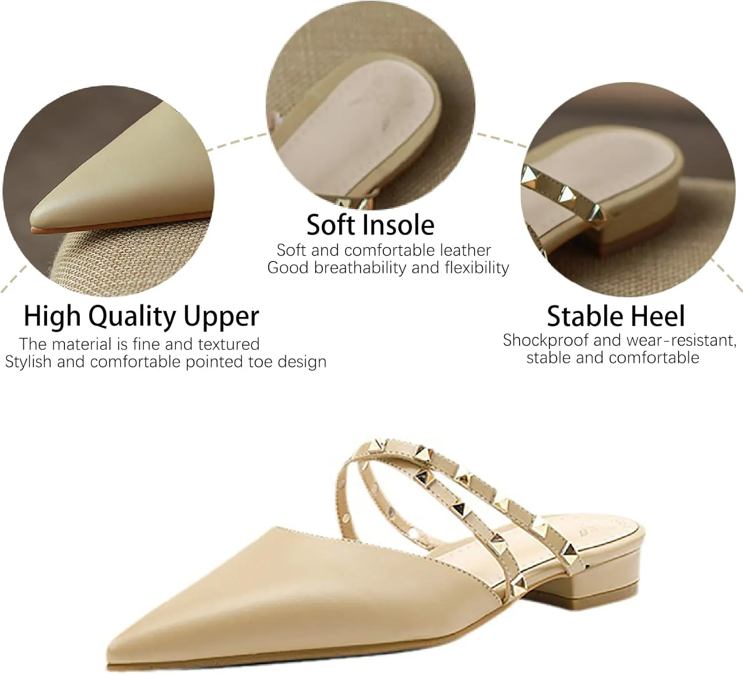 Women's Leather Studded Closed Pointed Toe Flat Mules Fashion Strappy Comfortable Block Heel Sandals for Party Prom Date Office Dressy Slides