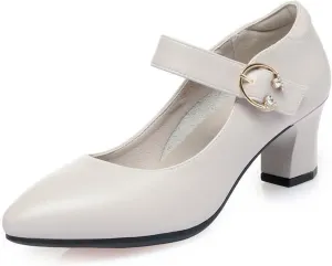 Women's Low Block Heel Mary Jane Pumps Buckle Closed Pointed Toe Dress Pumps Office Work Shoes