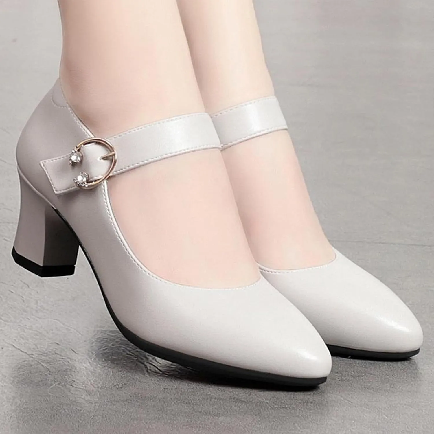 Women's Low Block Heel Mary Jane Pumps Buckle Closed Pointed Toe Dress Pumps Office Work Shoes