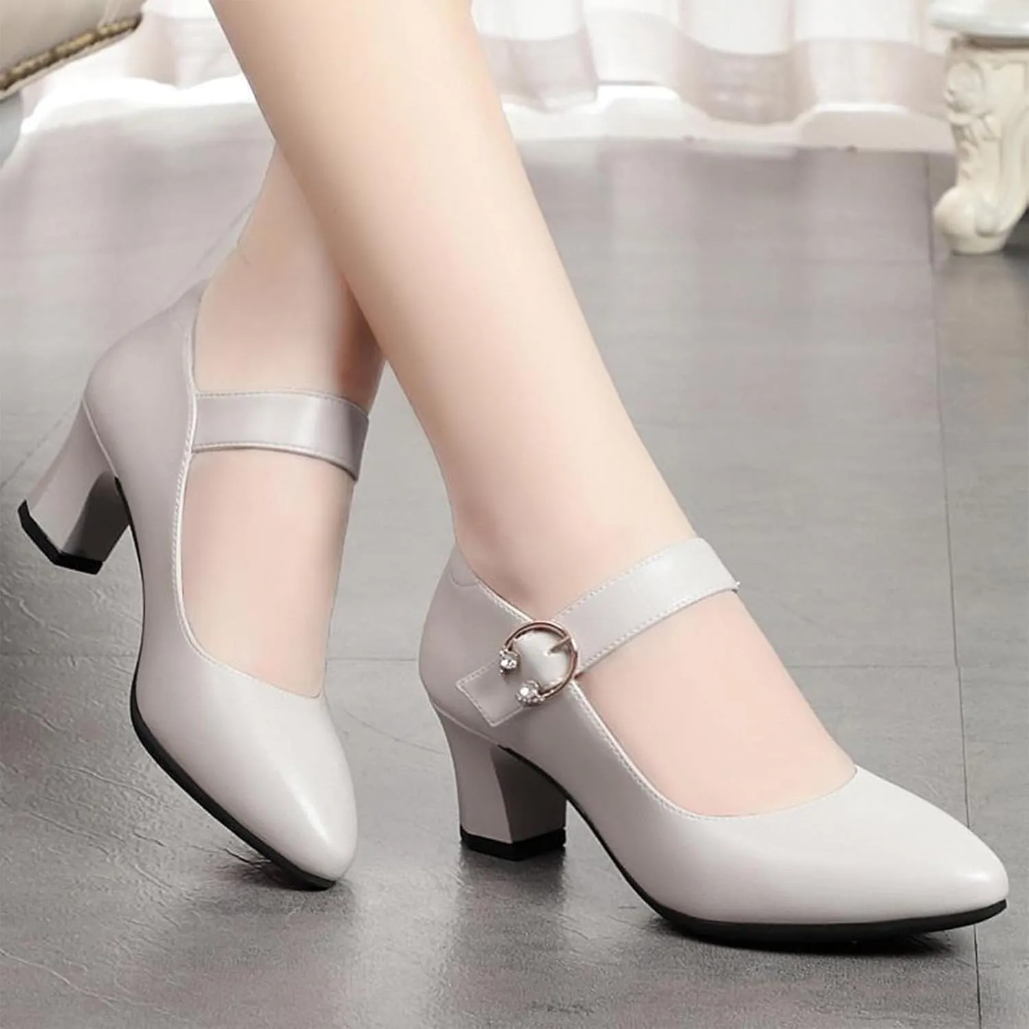 Women's Low Block Heel Mary Jane Pumps Buckle Closed Pointed Toe Dress Pumps Office Work Shoes