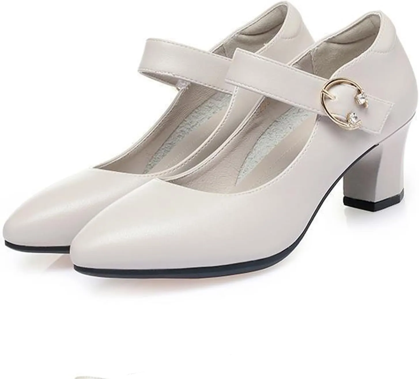 Women's Low Block Heel Mary Jane Pumps Buckle Closed Pointed Toe Dress Pumps Office Work Shoes