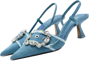 Women's Rhinestones Pointed Toe Denim Kitten Heels Fashion Slip On Slingback Low Heel Dress Mule Pumps for Wedding Party Evening Shoes