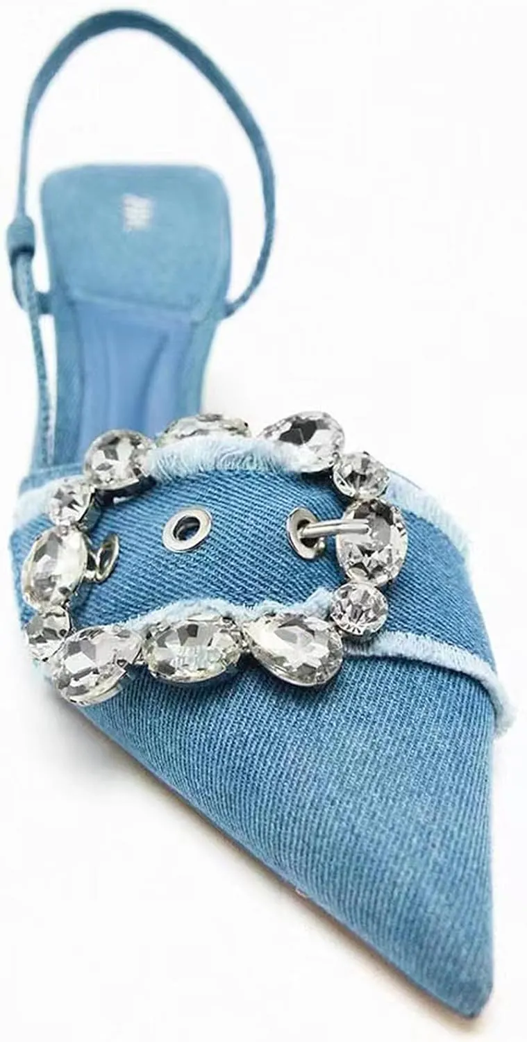 Women's Rhinestones Pointed Toe Denim Kitten Heels Fashion Slip On Slingback Low Heel Dress Mule Pumps for Wedding Party Evening Shoes