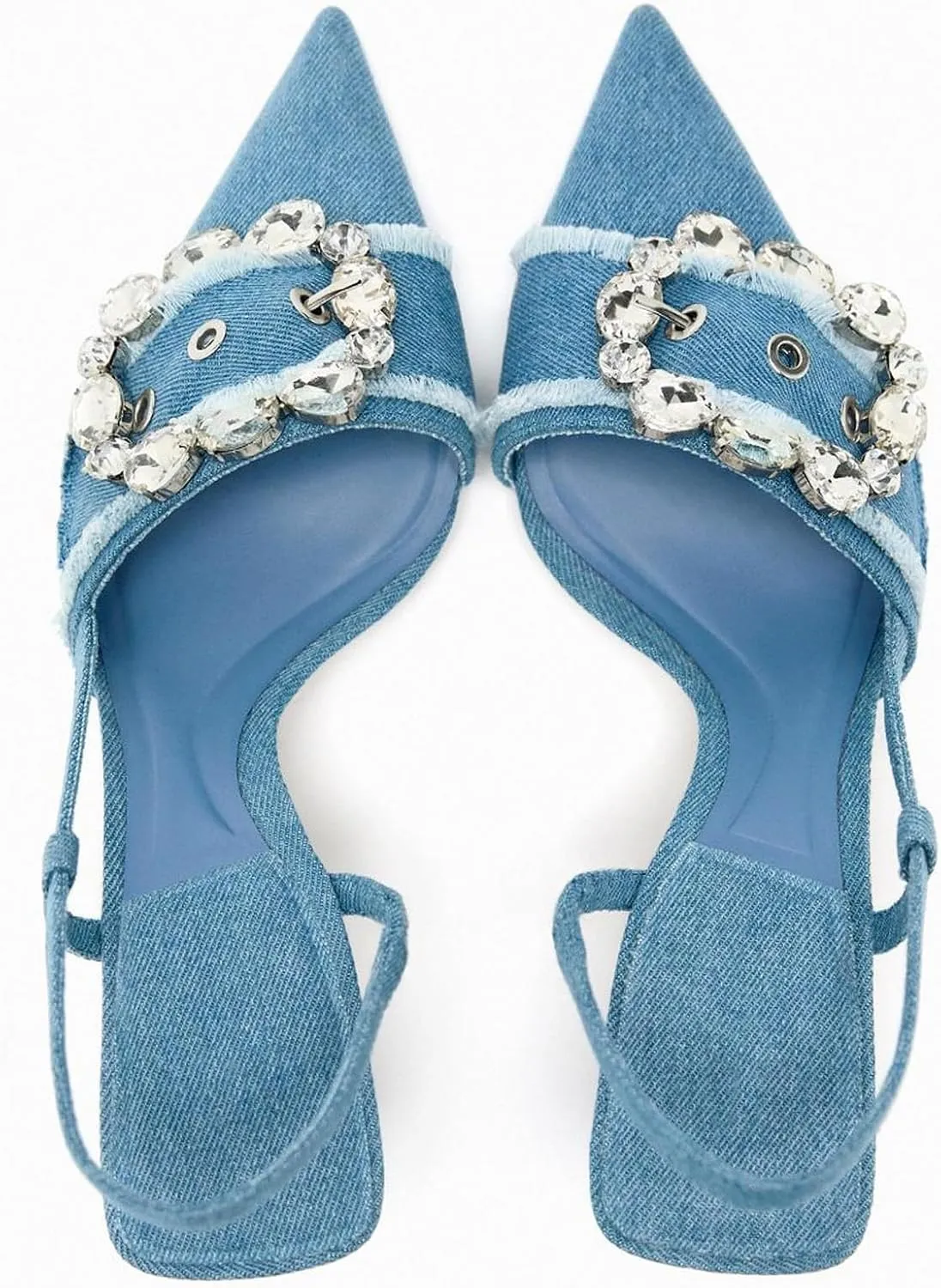 Women's Rhinestones Pointed Toe Denim Kitten Heels Fashion Slip On Slingback Low Heel Dress Mule Pumps for Wedding Party Evening Shoes